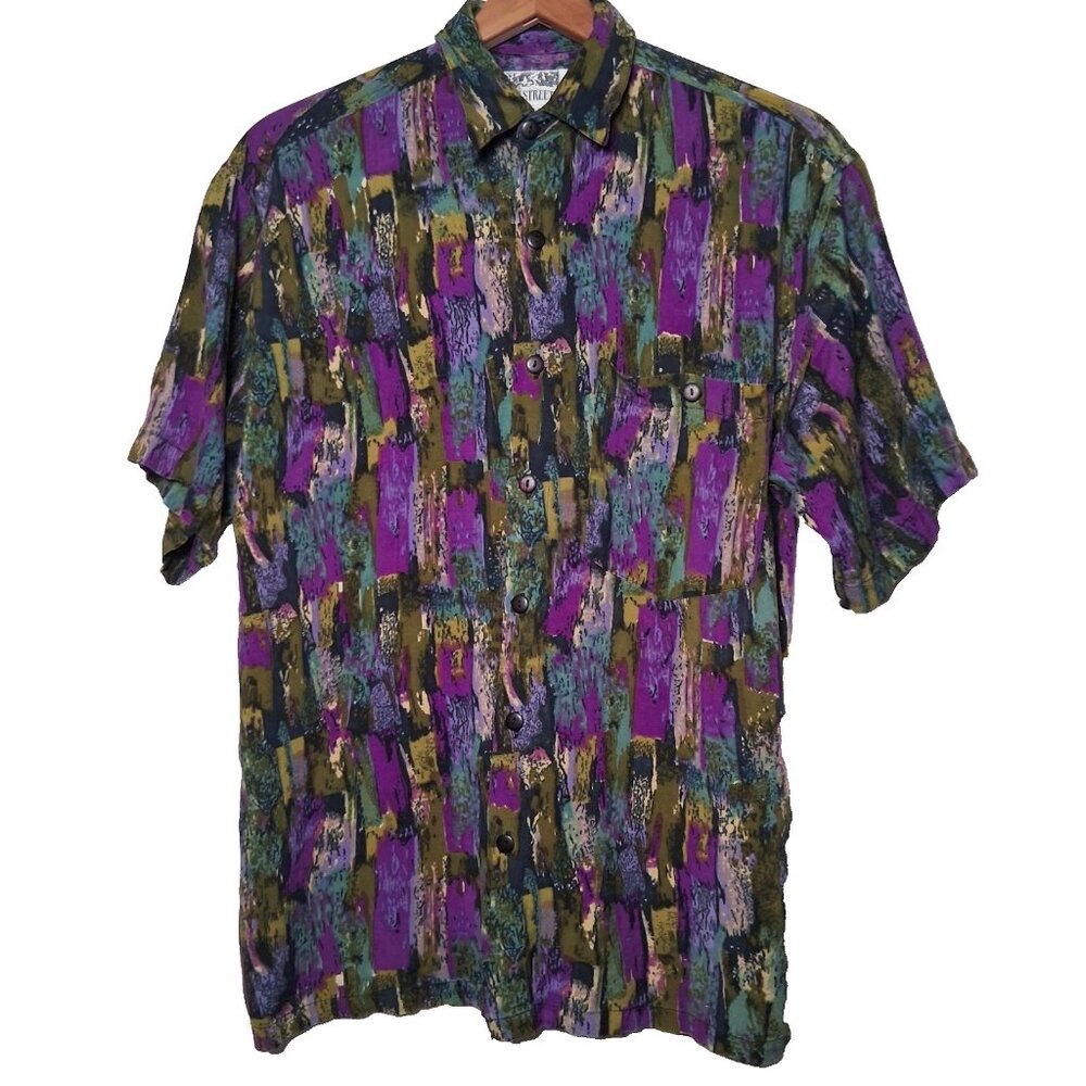 Vintage 1990s City Streets Shirt Men S Purple Green Rayon Abstract Artsy READ